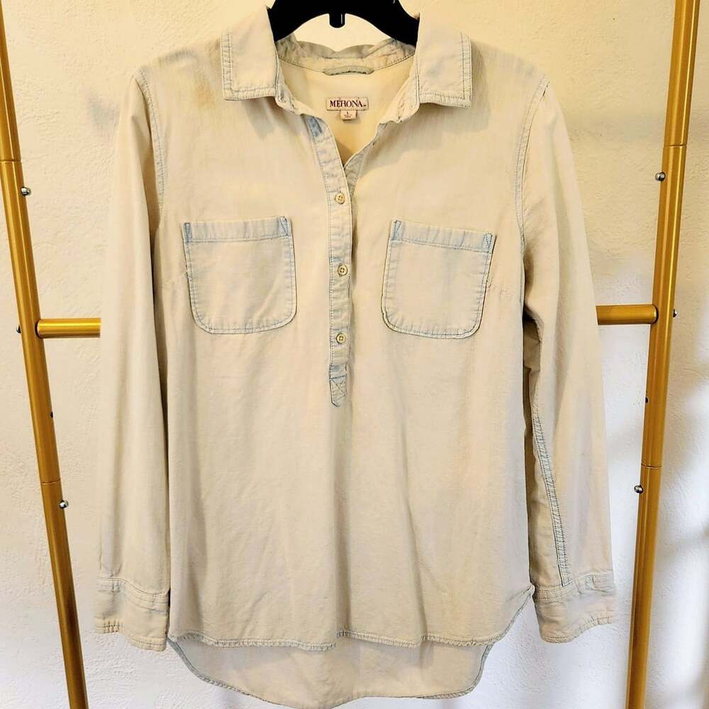 Merona Popover Denim Shirt Size L Light Wash Long Sleeve Utility Blouse